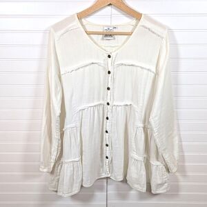 Parsley & Sage Button Up Womens M Gauzy Tiered Raw Hem Oversize Boho Flowy Tunic